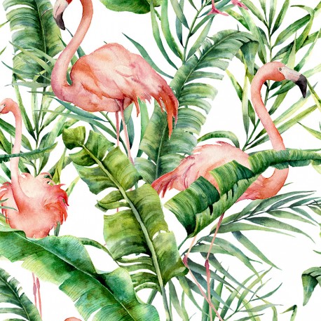 Flamingo&palm leaves