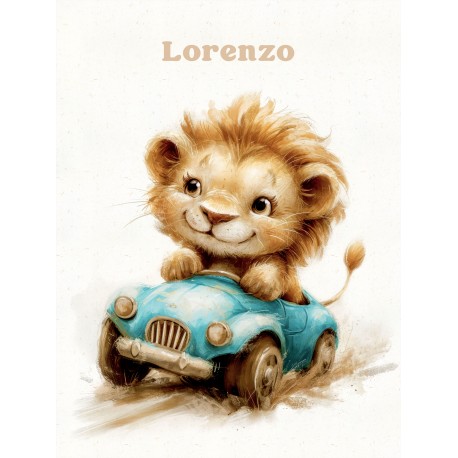 Lion in blue car
