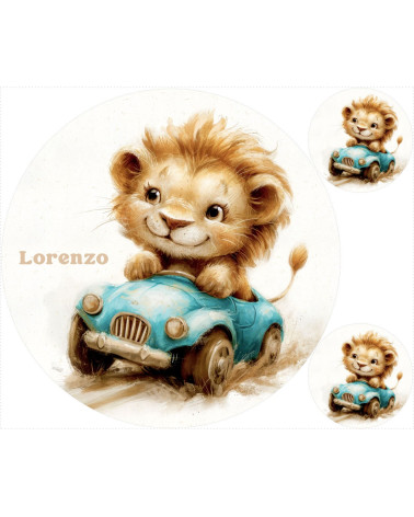 Lion in blue car + panele na poduszki